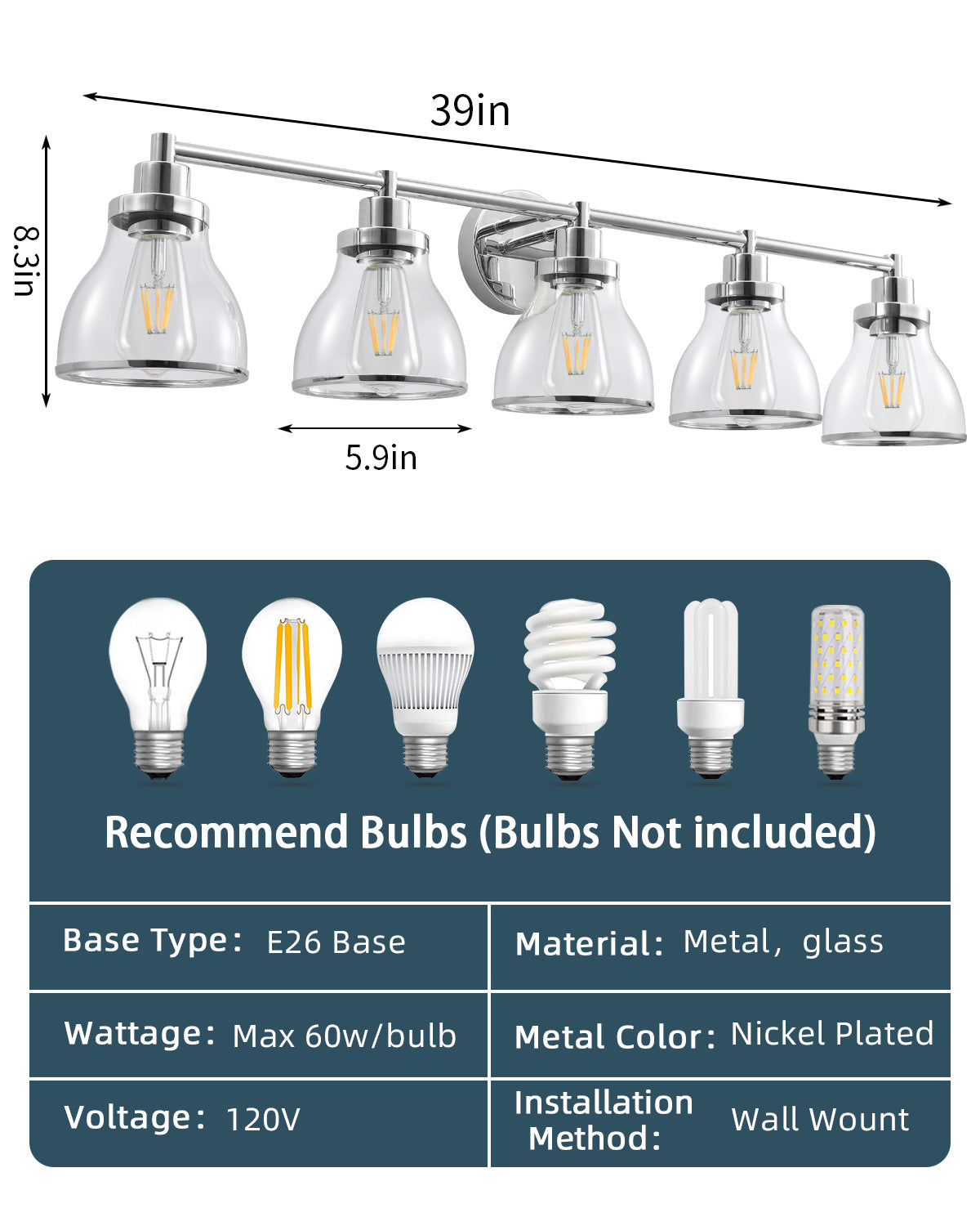 Hermosa Polished Nickel 5-Light Bathroom Vanity Light