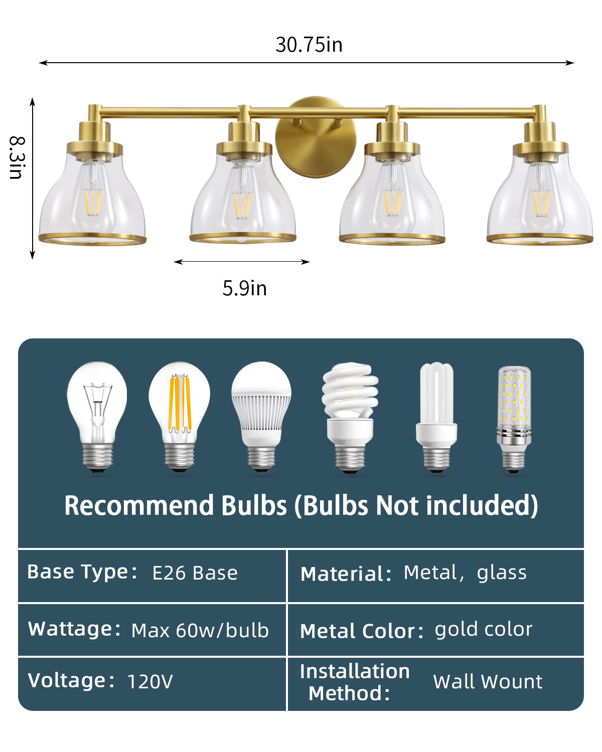 Hermosa Gold 4-Light Bathroom Vanity Light
