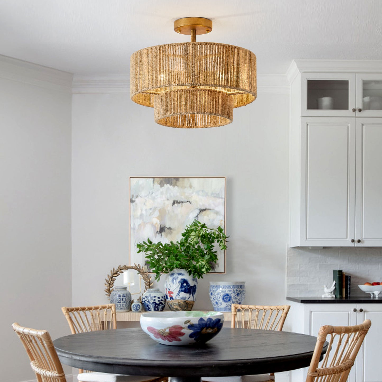 3-Light Coastal Jute Semi-Flush Mount Ceiling Light