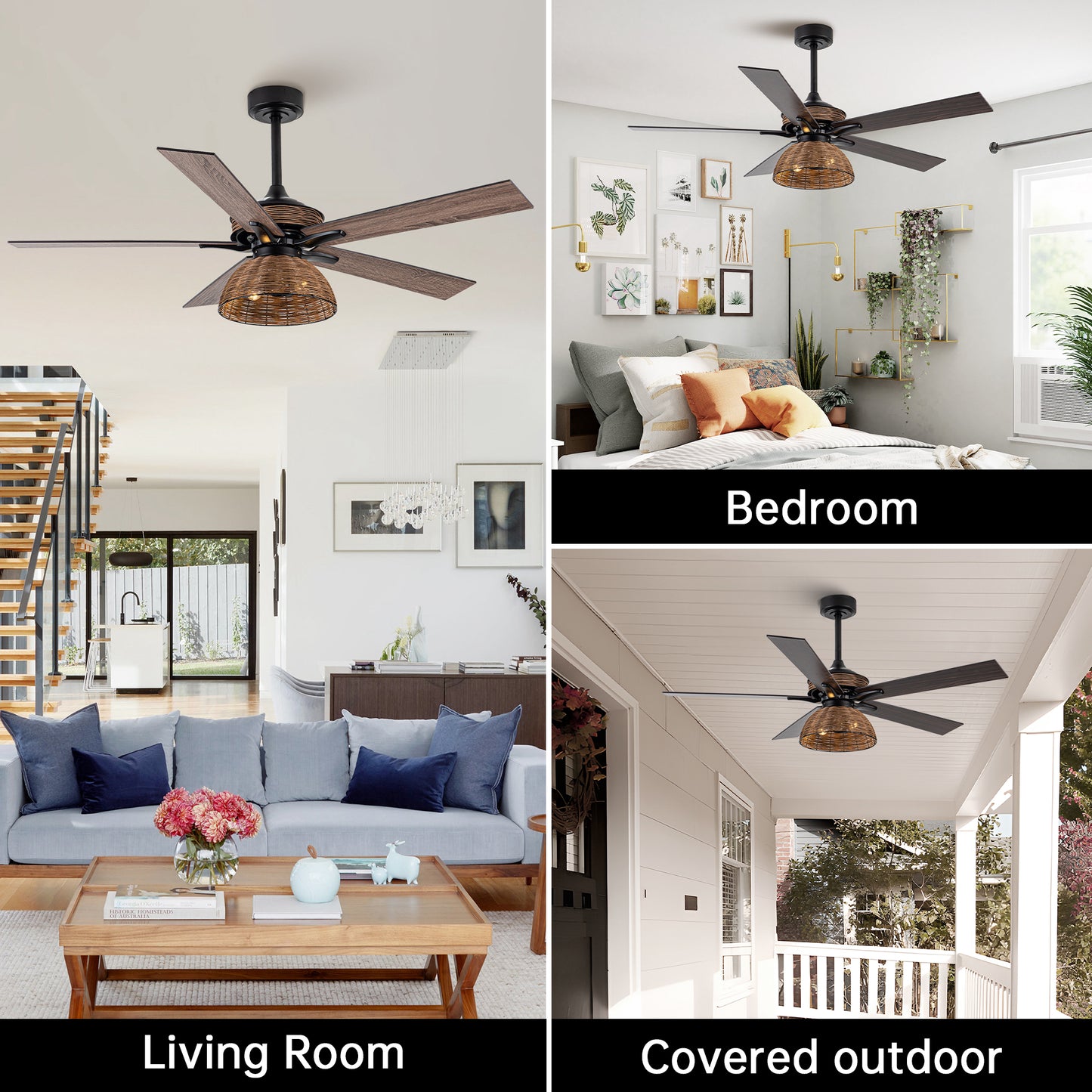 BreezeLite 52" Farmhouse Matte Black Rattan Ceiling Fan
