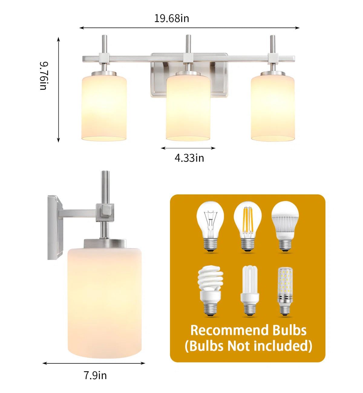 Jasper Brushed Nickel Frosted Glass 3-Light Bathroom Vanity Light