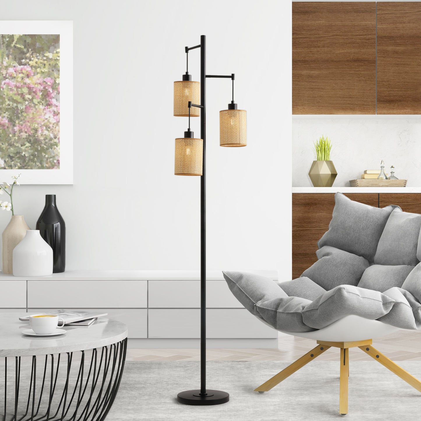 Floor Lamp Traditional Black 69" 3-Light Rattan Shades