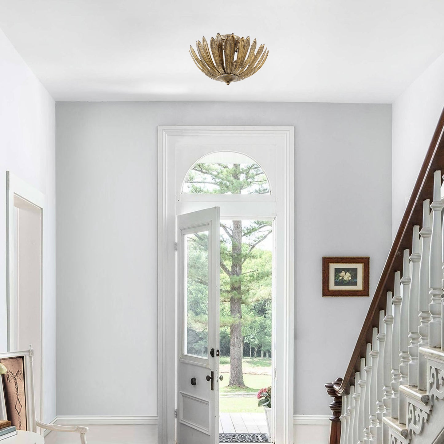 Gold Semi-Flush Mount Light 15" Hand Painted 3-Light Fixture