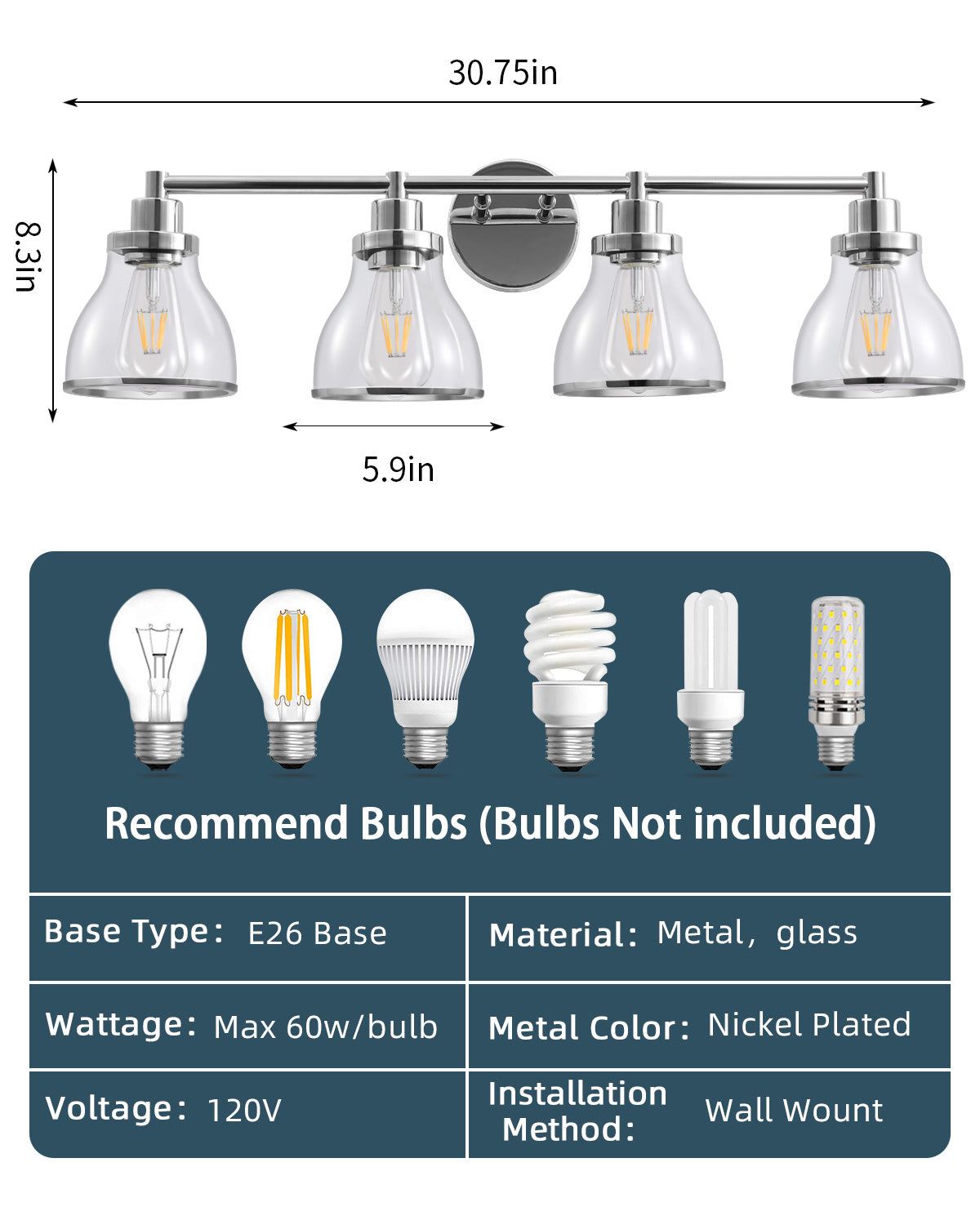 Hermosa Polished Nickel 4-Light Bathroom Vanity Light