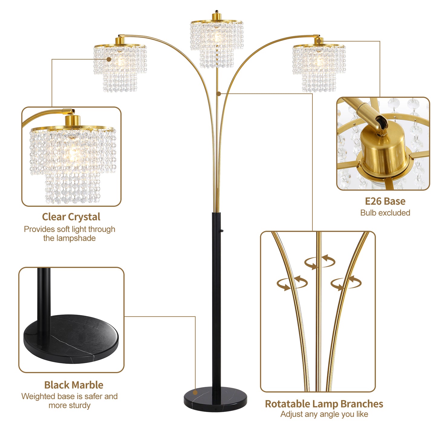 Brio 85" 3-Light Modern Gold Crystal Arc Floor Lamp