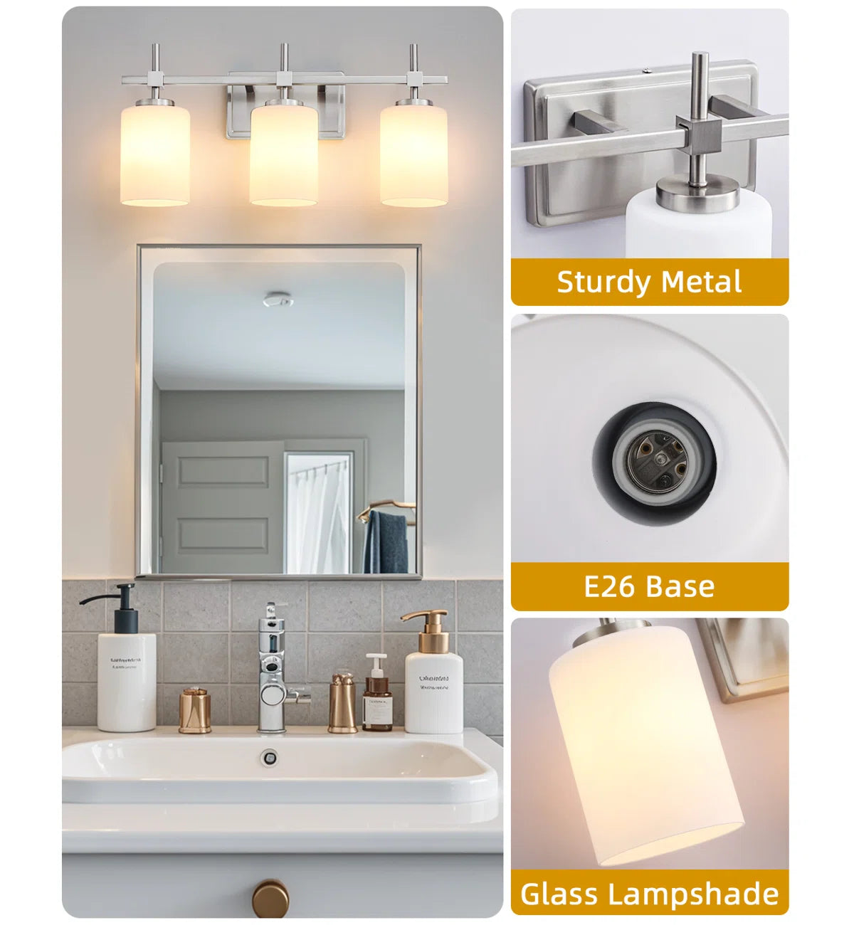 Jasper Brushed Nickel Frosted Glass 3-Light Bathroom Vanity Light