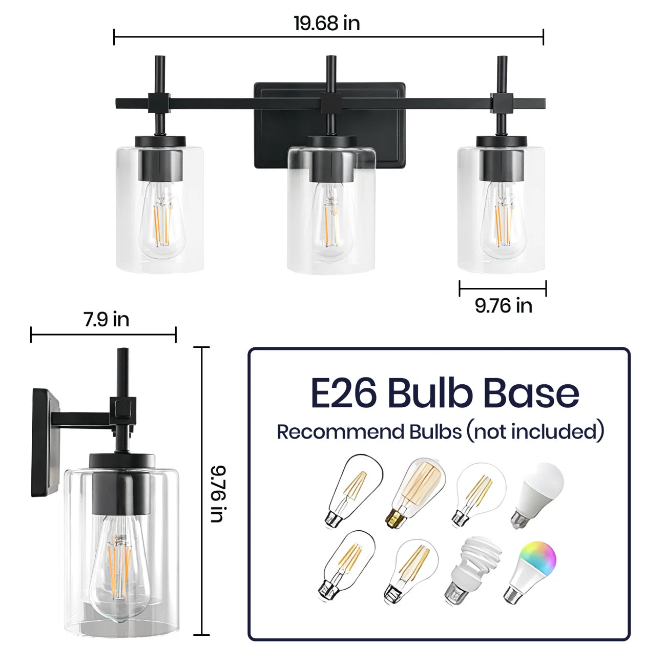 Jasper Black Clear Glass 3-Light Bathroom Vanity Light