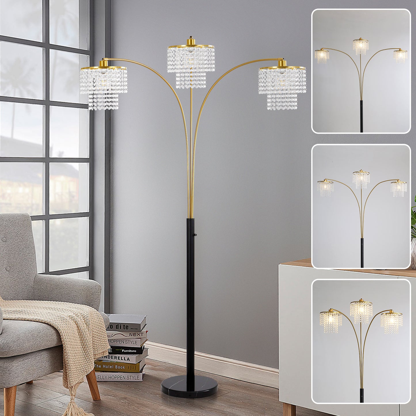 Brio 85" 3-Light Modern Gold Crystal Arc Floor Lamp