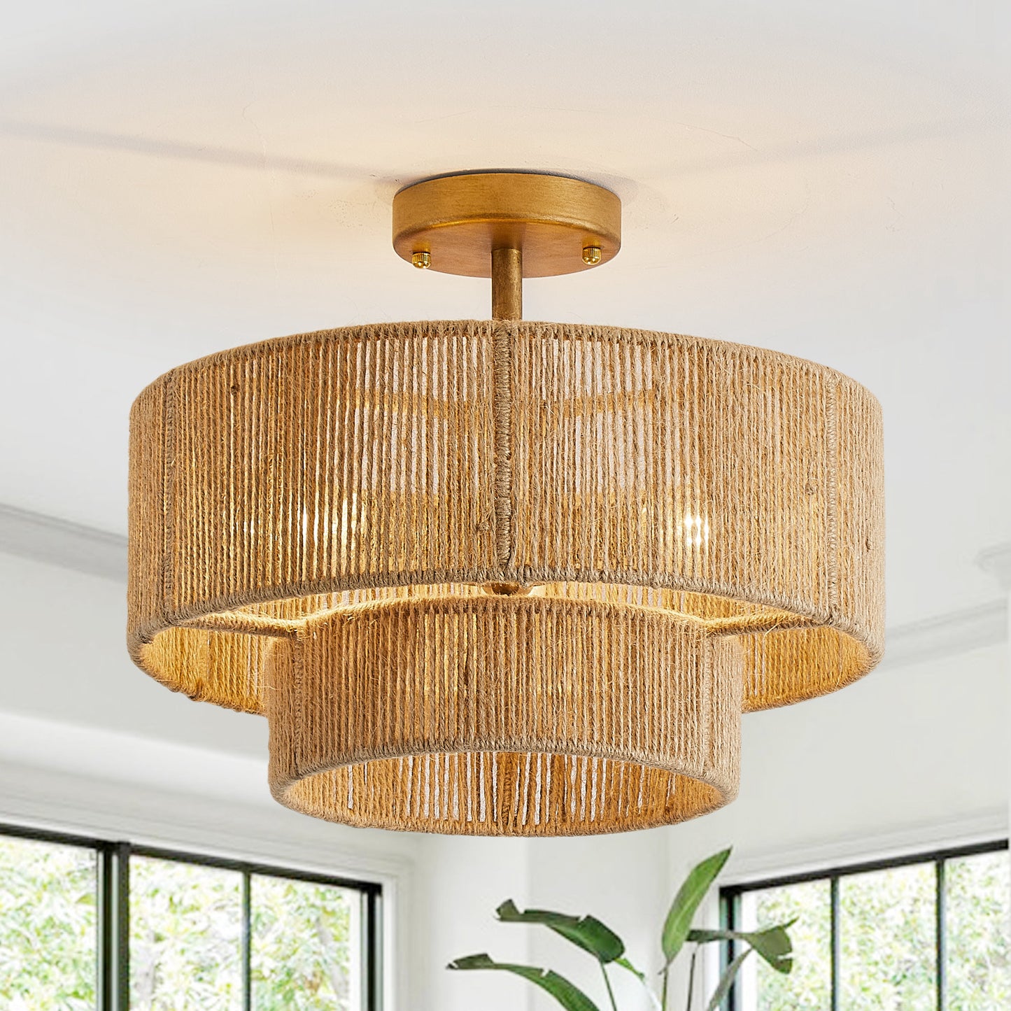 3-Light Coastal Jute Semi-Flush Mount Ceiling Light