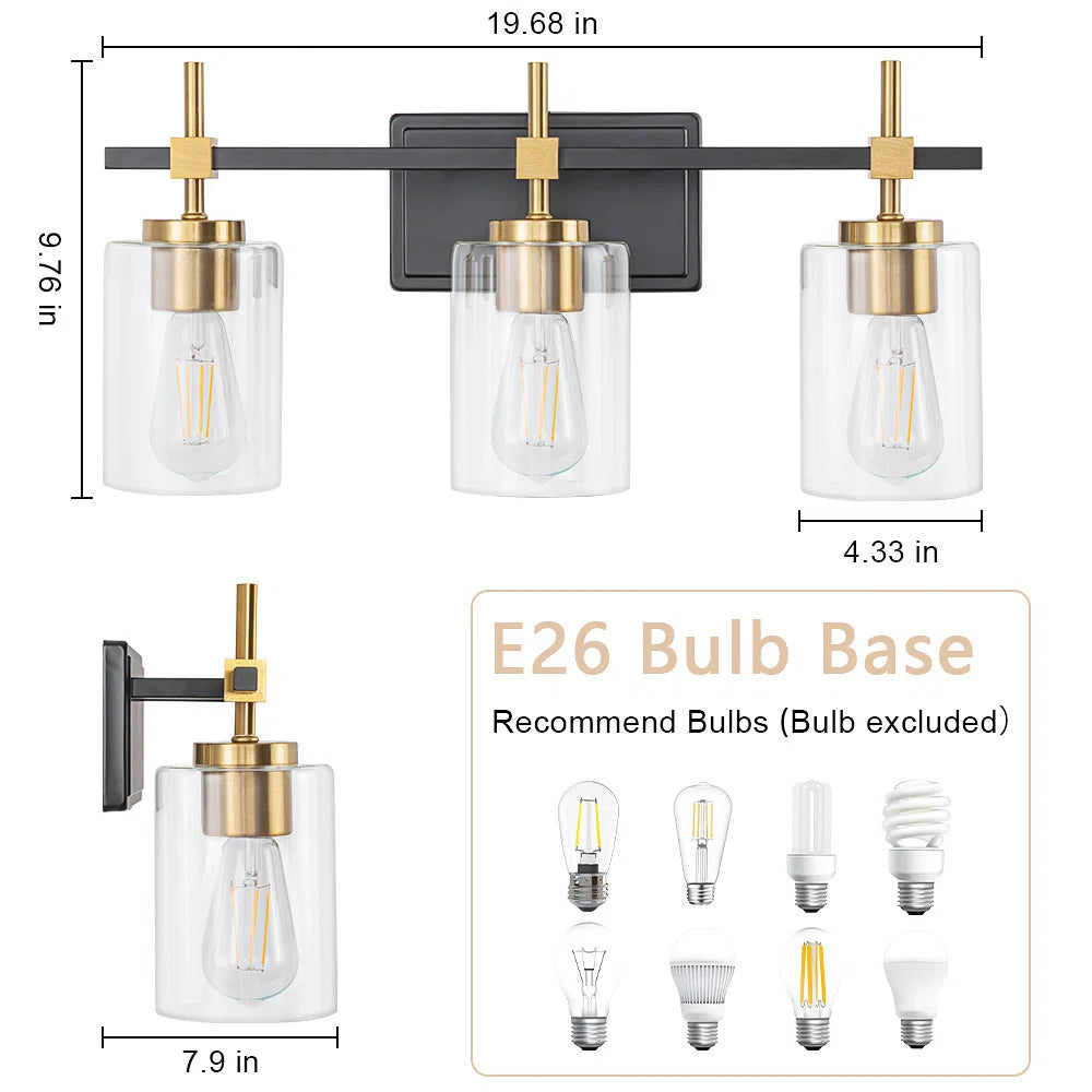 Jasper Black & Gold Clear Glass 3-Light Bathroom Vanity Light