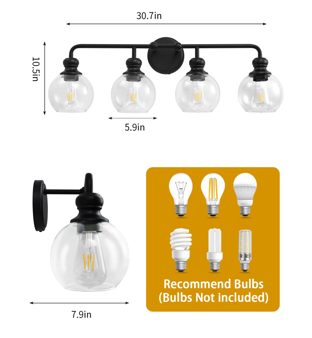 Irvine Black Modern Clear Glass 4-Light Vanity Light