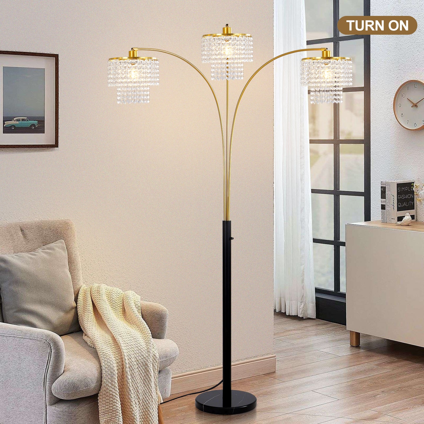 Brio 85" 3-Light Modern Gold Crystal Arc Floor Lamp