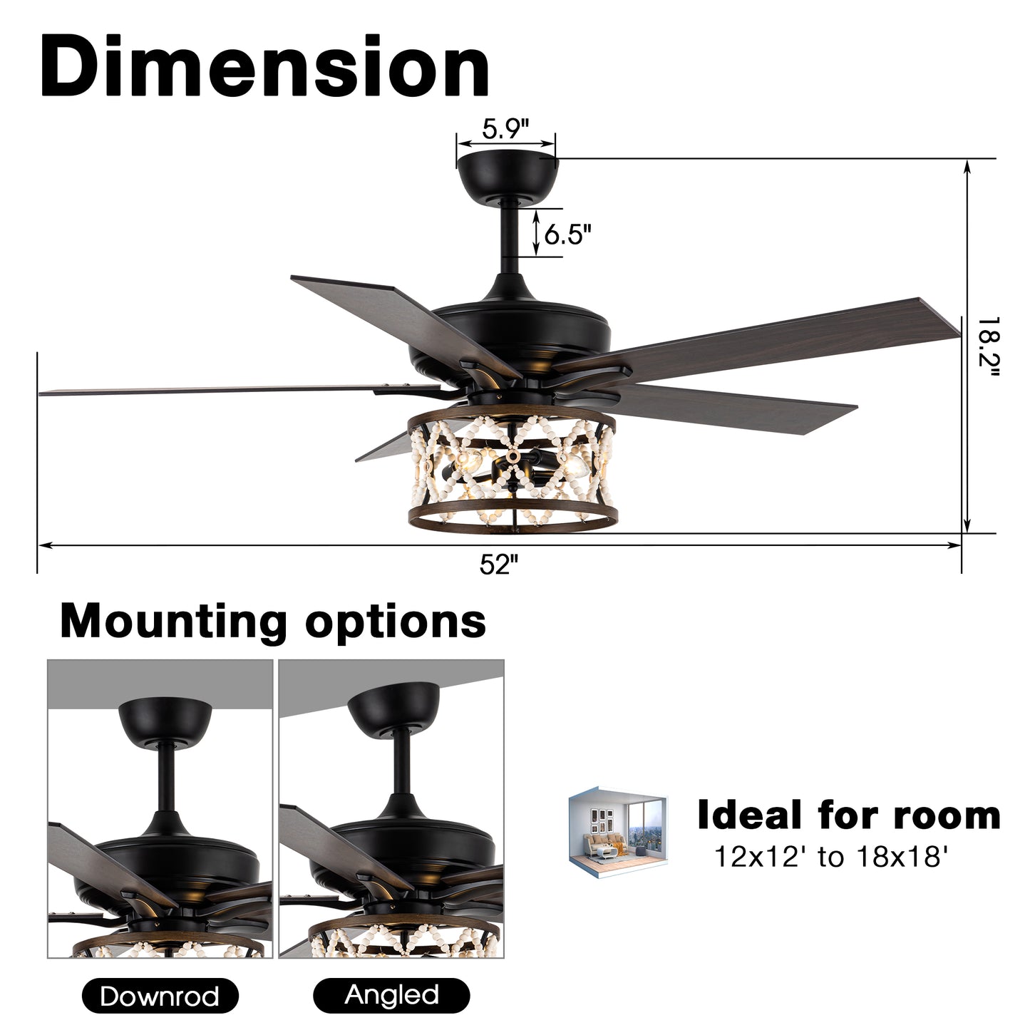 BreezeLite 52" Bohemian Black Wood Beaded Ceiling Fan