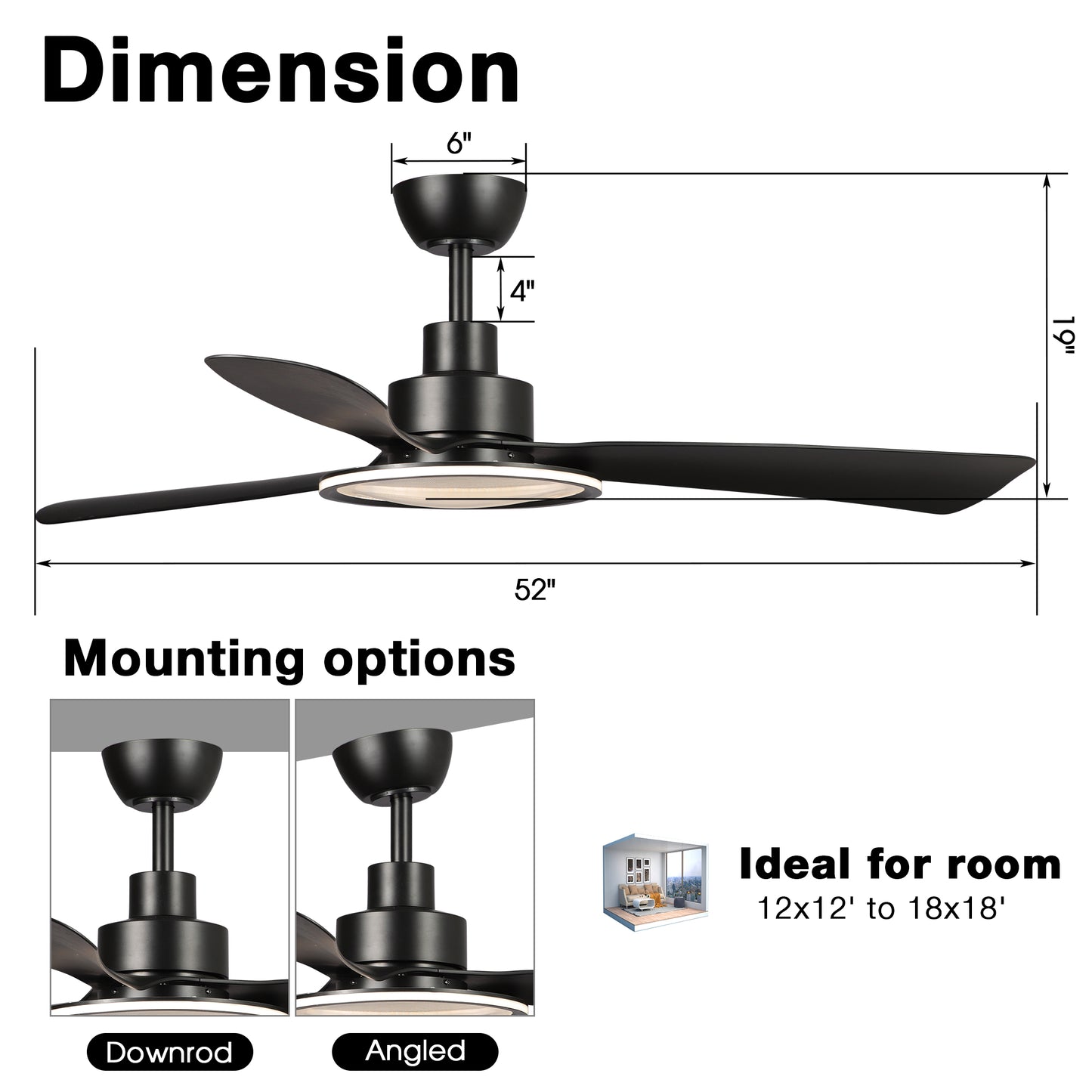 BreezeLite 52" Modern Matte Black LED 3-Blade Ceiling Fan