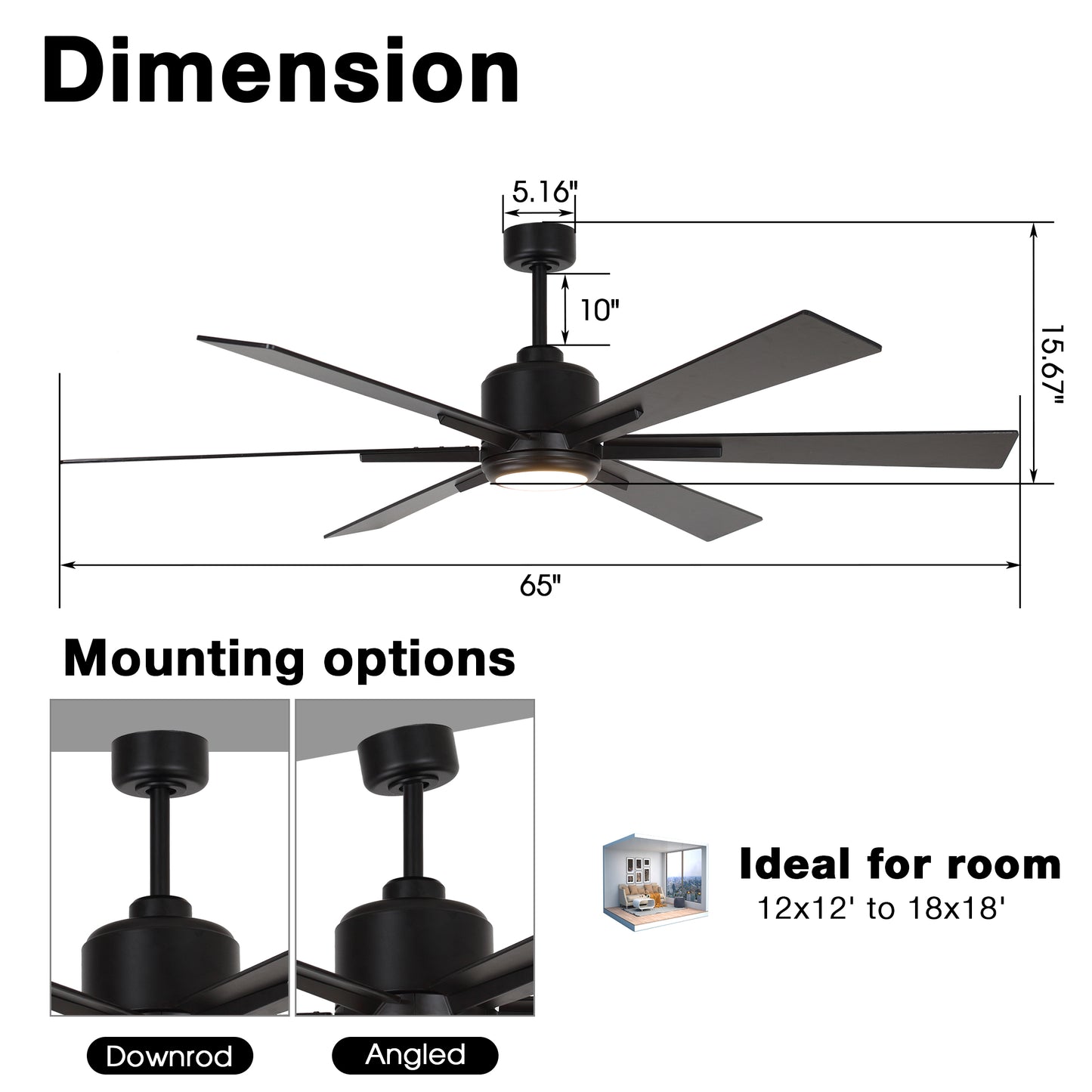 BreezeLite Modern 65" Matte Black LED Downrod Ceiling Fan