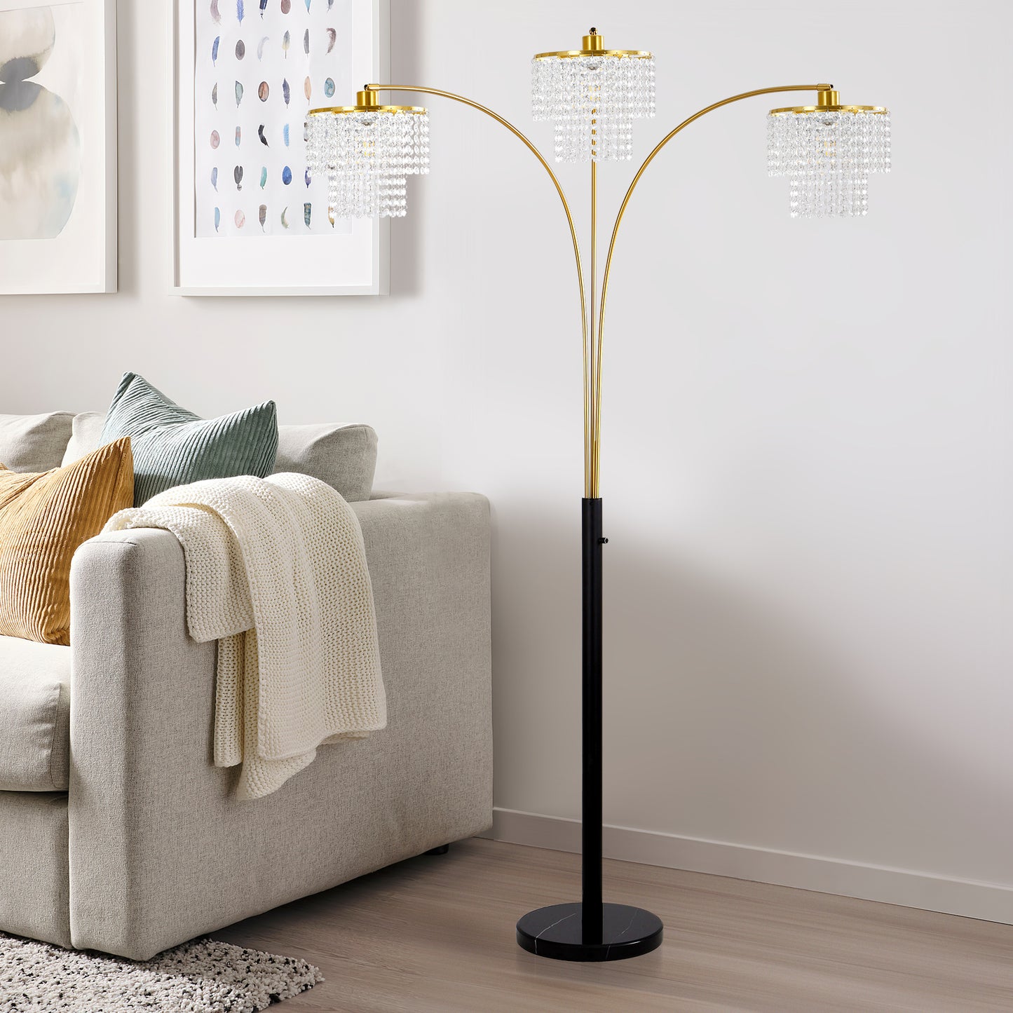 Brio 85" 3-Light Modern Gold Crystal Arc Floor Lamp