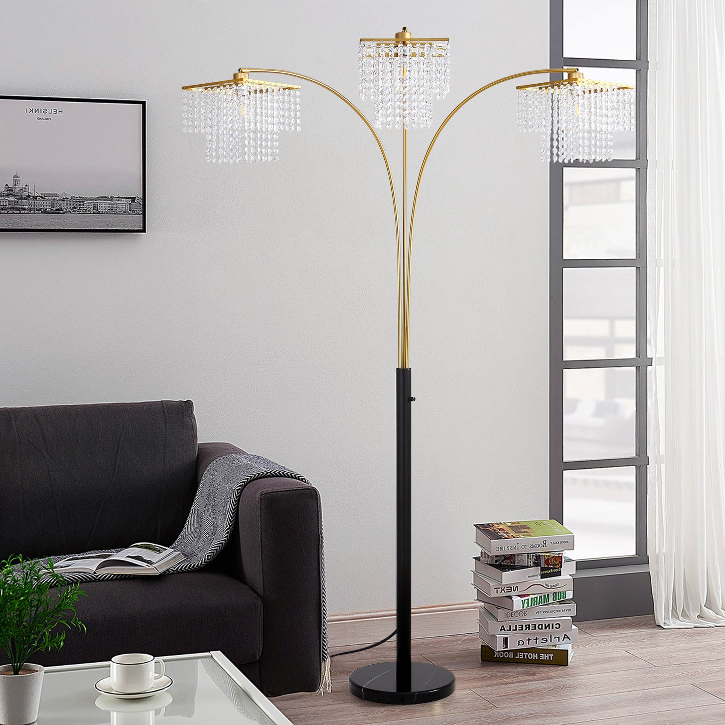 Brio 90" 3-Light Modern Gold Crystal Arc Floor Lamp
