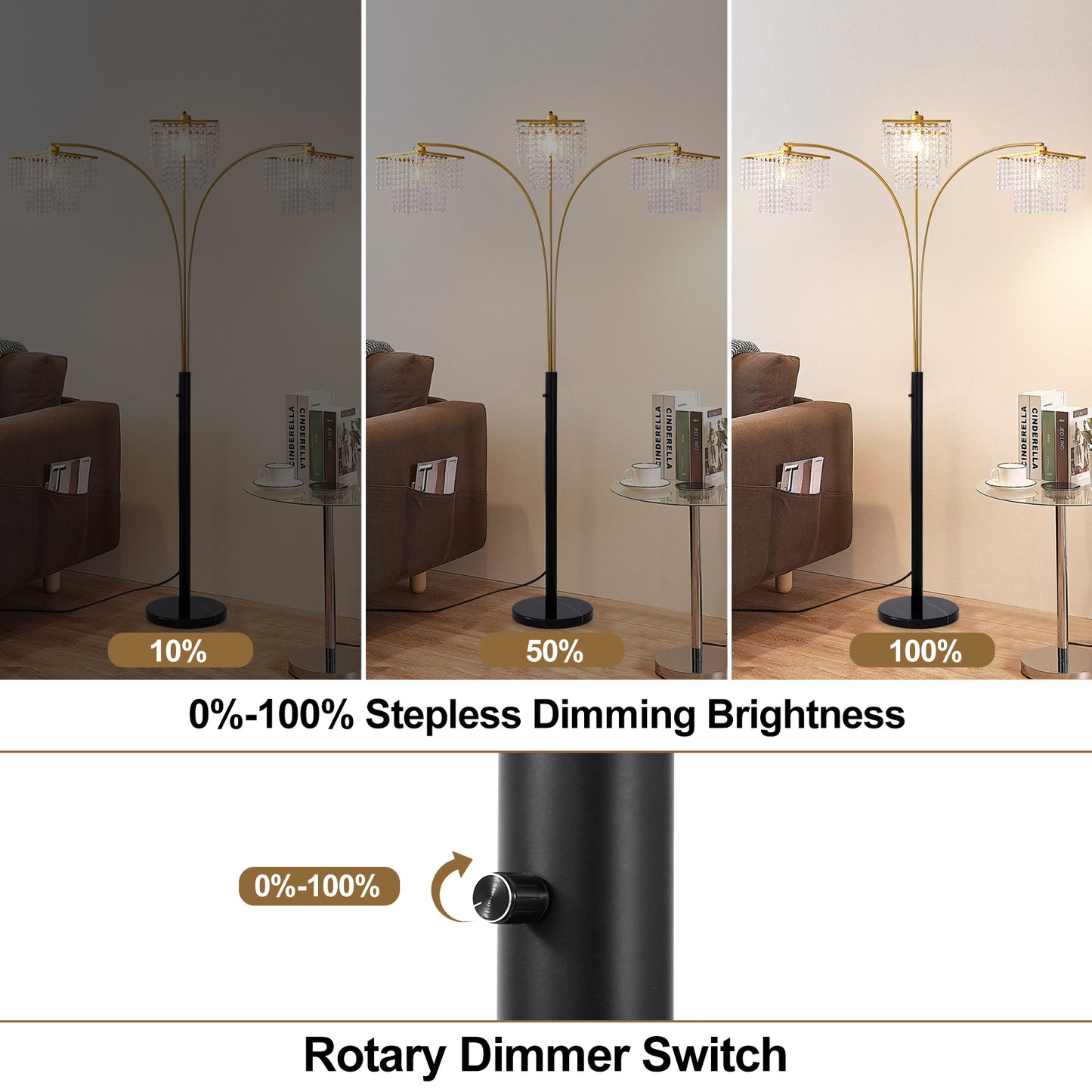 Brio 90" 3-Light Modern Gold Crystal Arc Floor Lamp