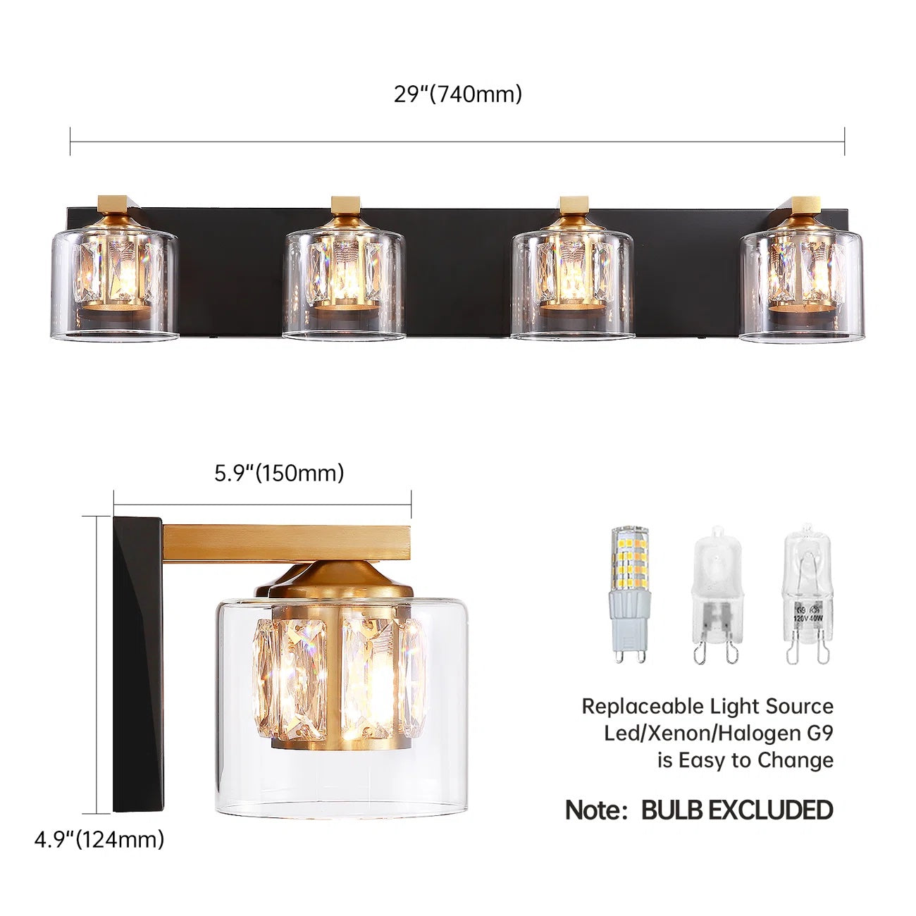 Kolt Black & Gold Traditional 4-Light Bathroom Vanity Light