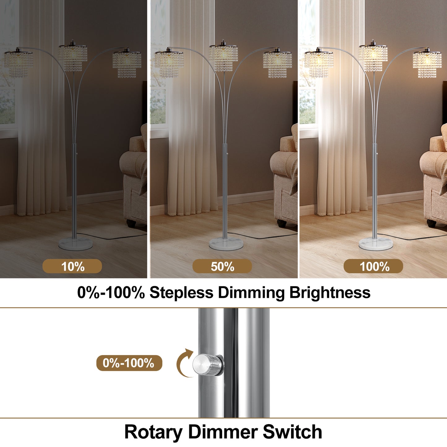 Brio 90" 3-Light Modern Crystal Arc Floor Lamp