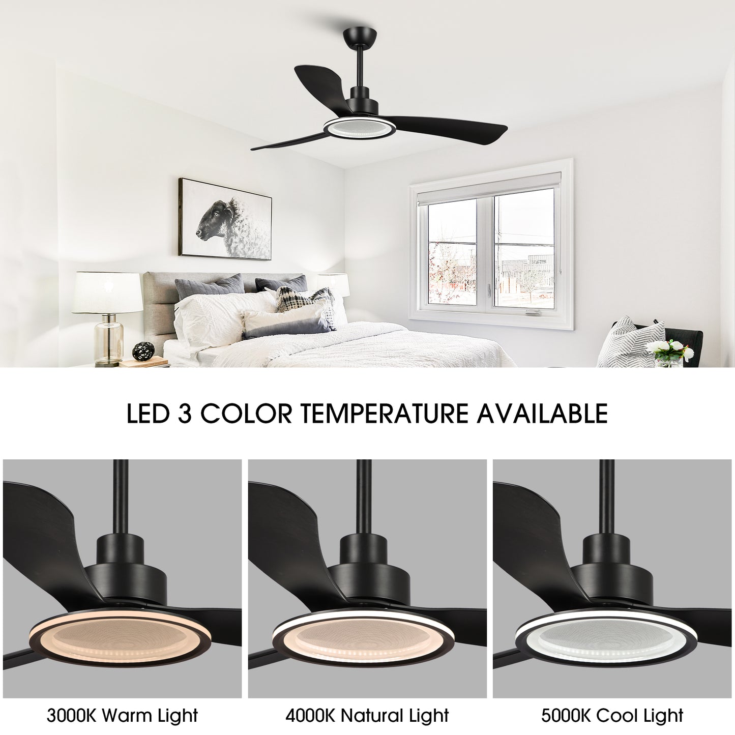 BreezeLite 52" Modern Matte Black LED 3-Blade Ceiling Fan