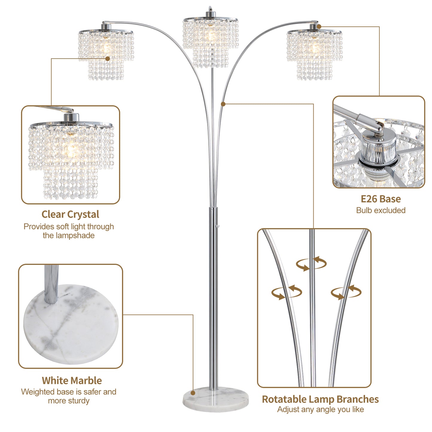 Brio 90" 3-Light Modern Crystal Arc Floor Lamp