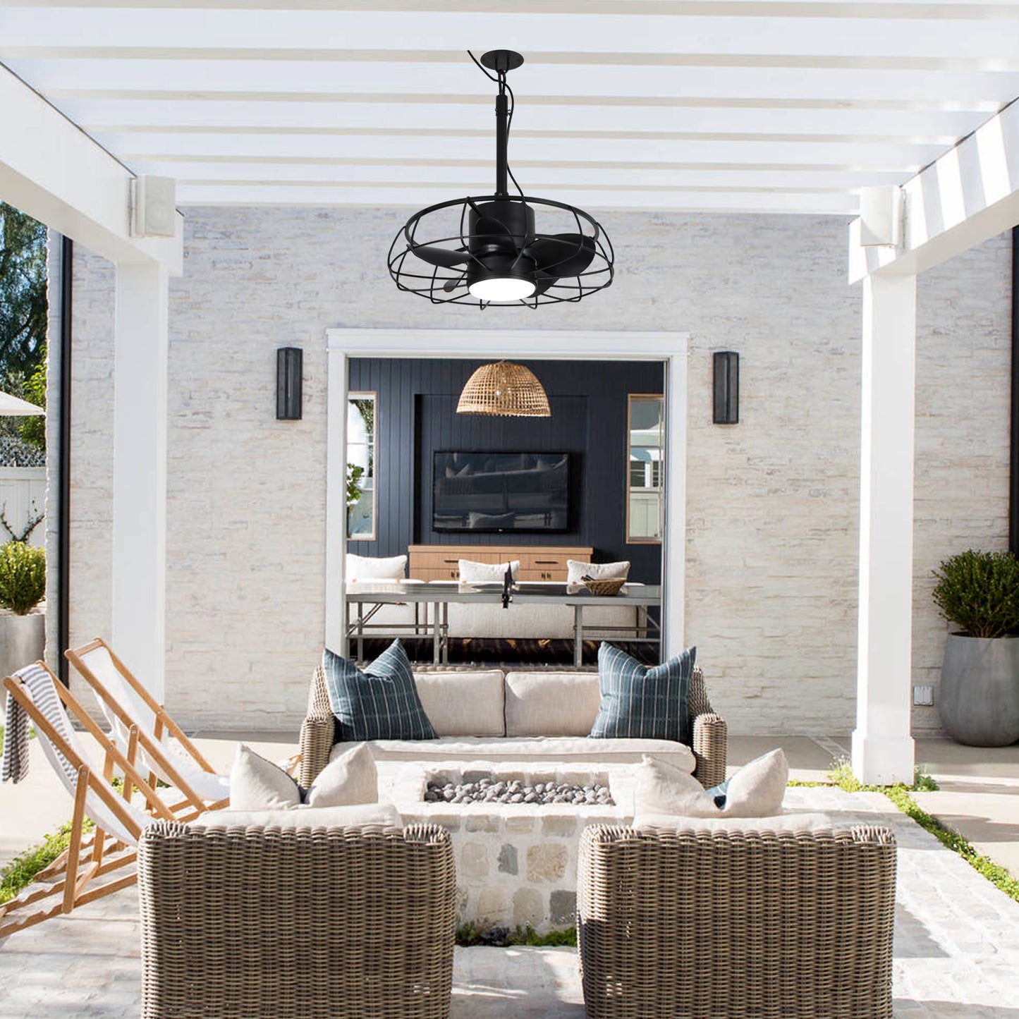 20" Indoor/Outdoor Black Industrial Plug-In Ceiling Fan with Light