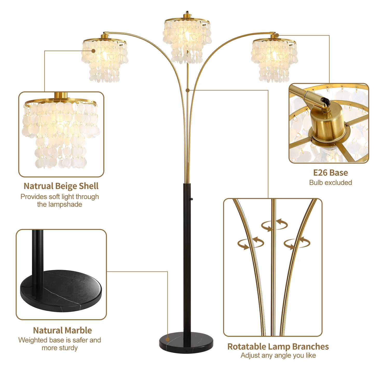 Brio 90" 3-Light Modern Gold Arc Floor Lamp