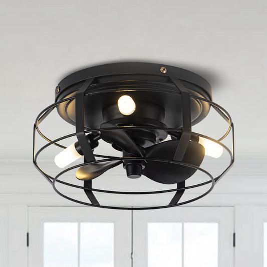 12" Low Profile 3-Blade Black Cage Ceiling Fan with Light & Remote | Flush Mount Modern Farmhouse Indoor Fan