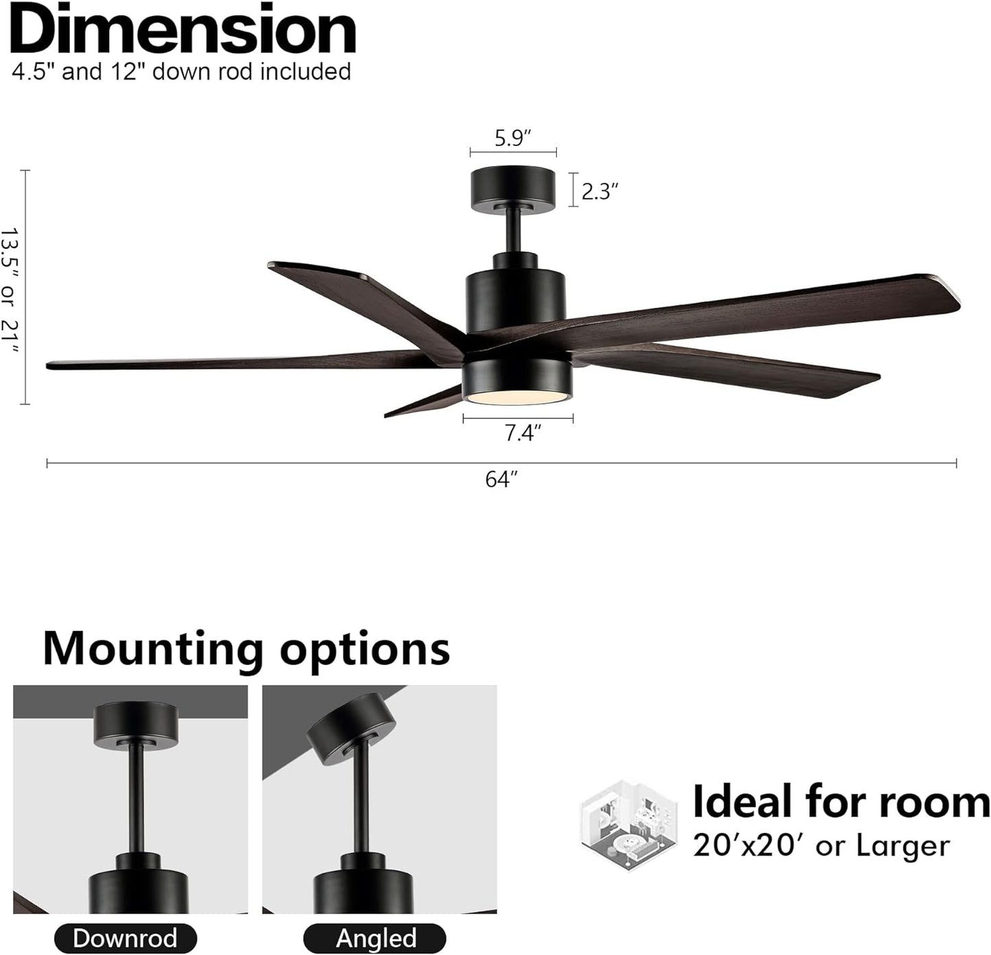 AeroBlade 64" 5-Blade 6-Speed Walnut & Black Ceiling Fan with Light