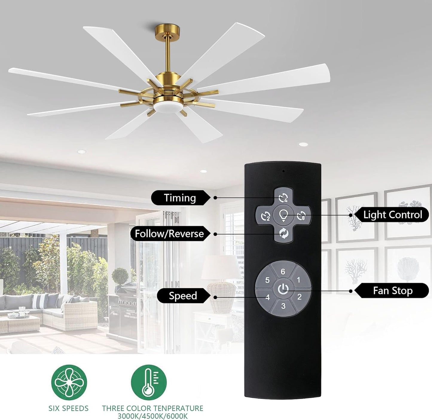 AeroBlade 72" 8-Blade 6-Speed White & Gold Ceiling Fan with Light