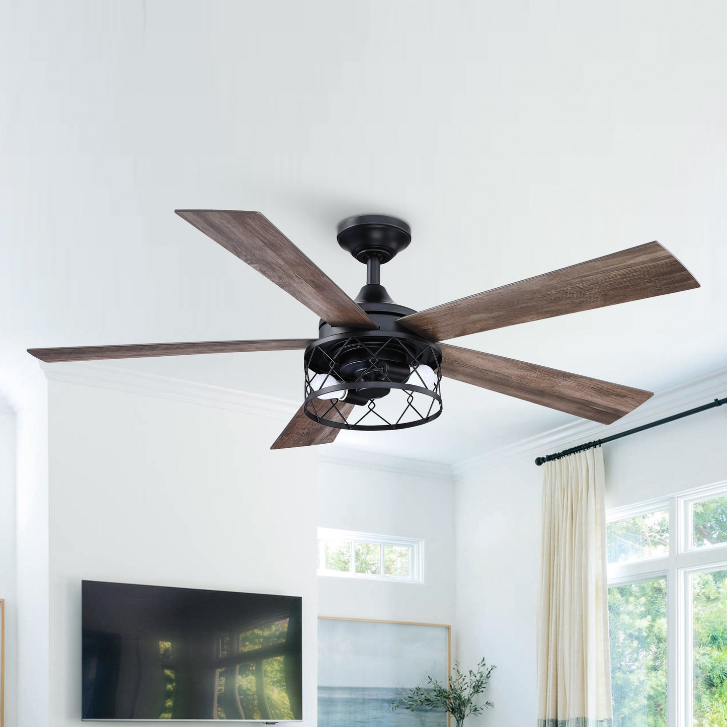 BreezeLite 52" Black Farmhouse 5-Blade LED Downrod Mounted Ceiling Fan