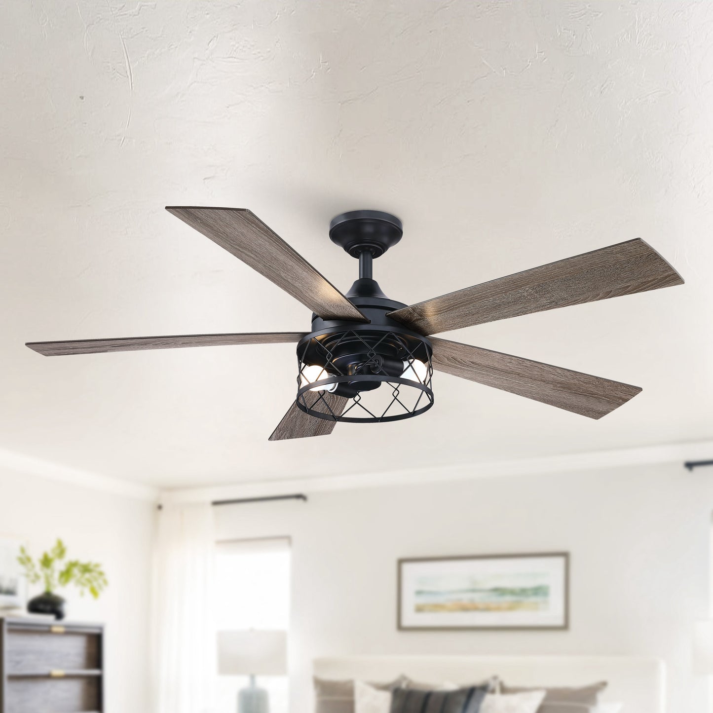 BreezeLite 52" Black Farmhouse 5-Blade LED Downrod Mounted Ceiling Fan