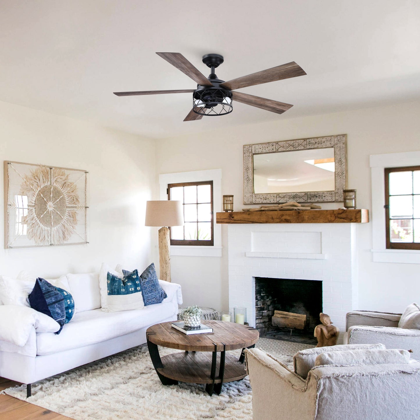 BreezeLite 52" Black Farmhouse 5-Blade LED Downrod Mounted Ceiling Fan