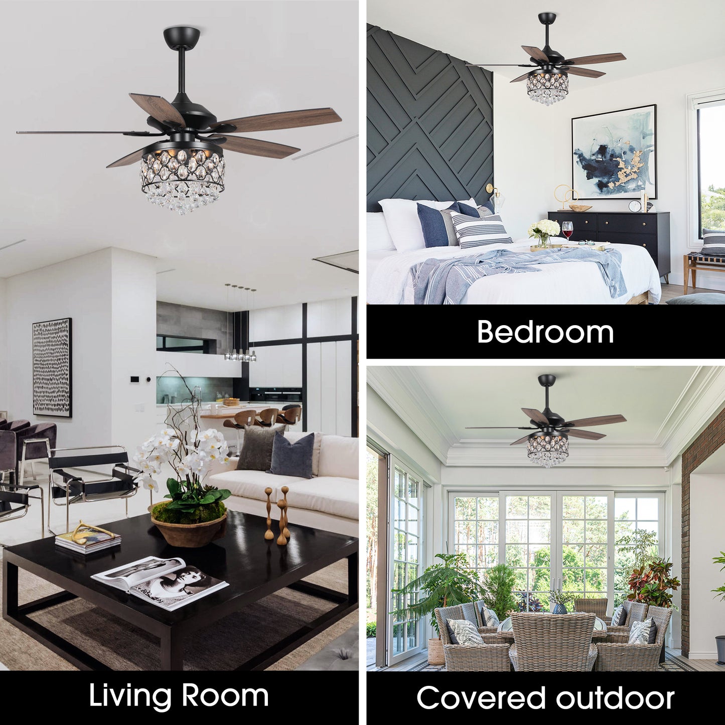 BreezeLite 52" Black 5-Blade 4-Light Downrod Mount Crystal Ceiling Fan