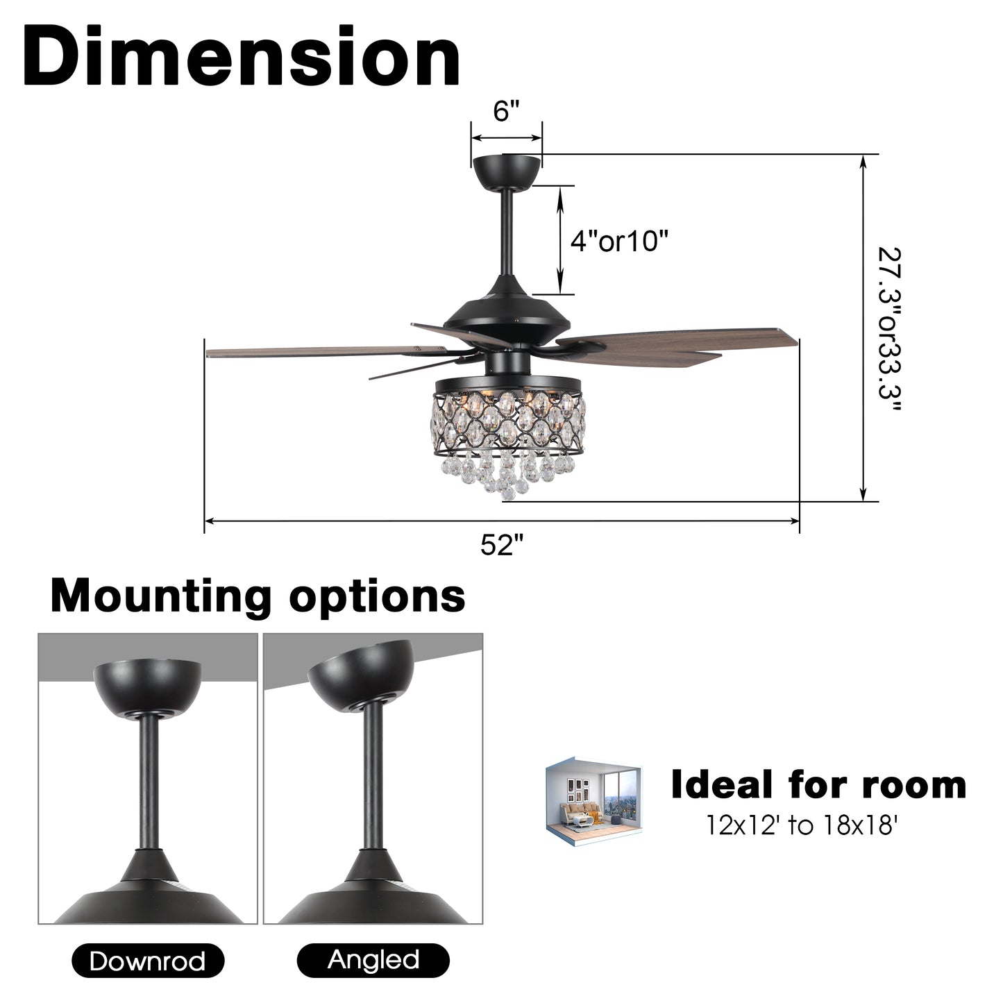 BreezeLite 52" Black 5-Blade 4-Light Downrod Mount Crystal Ceiling Fan