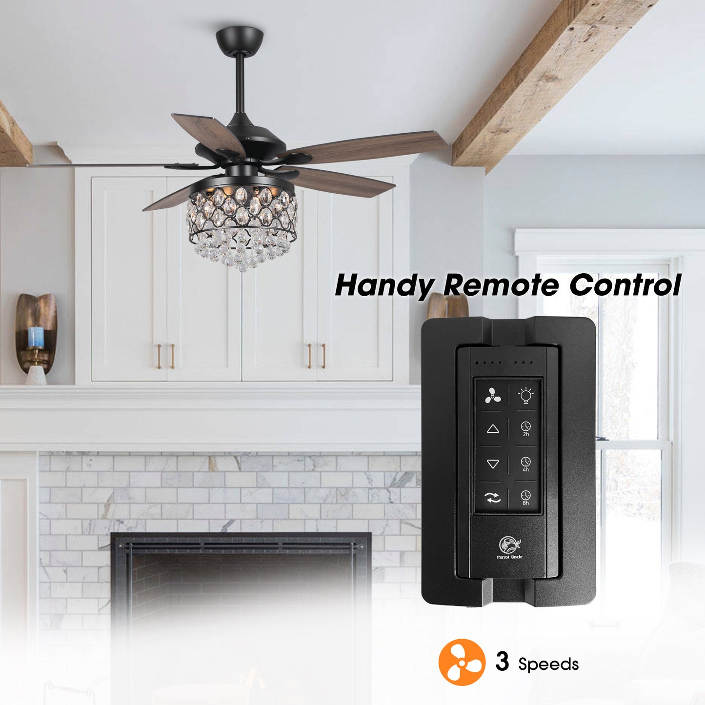 BreezeLite 52" Black 5-Blade 4-Light Downrod Mount Crystal Ceiling Fan