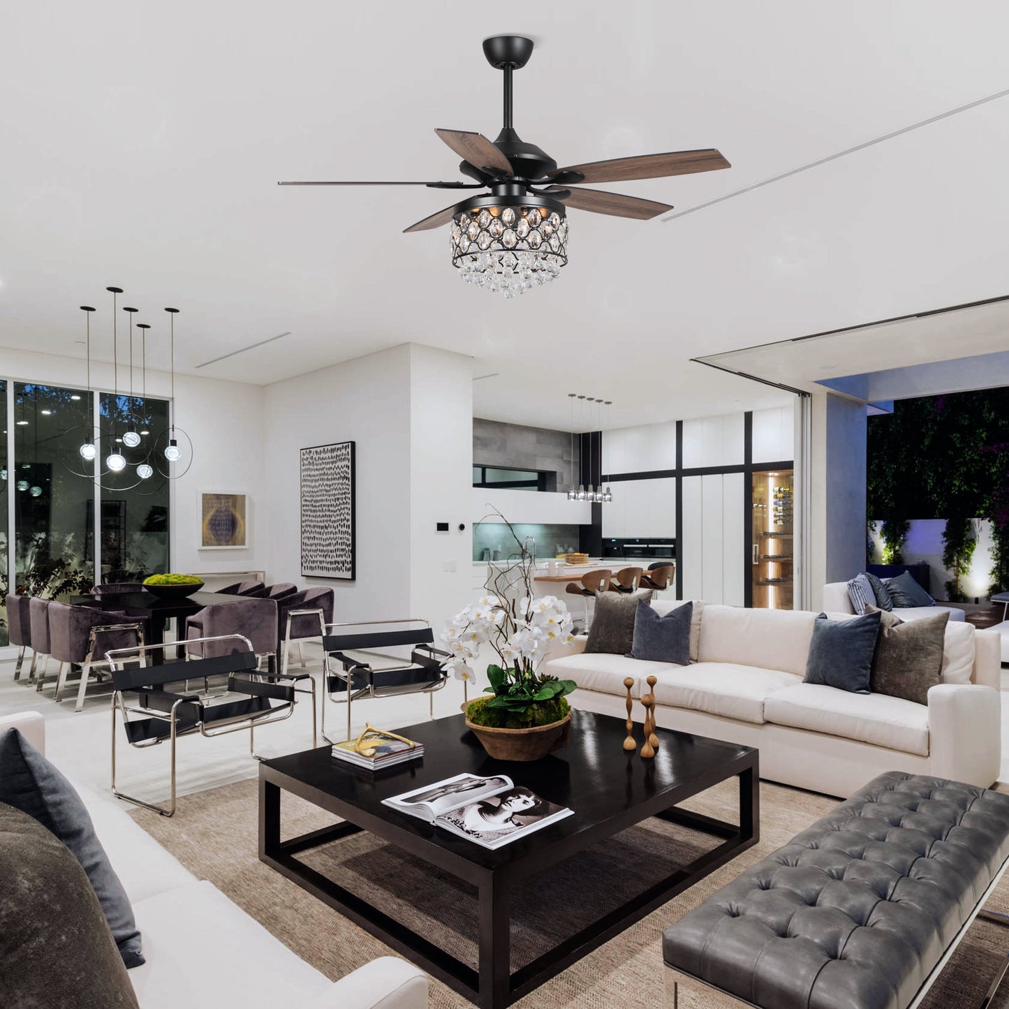 BreezeLite 52" Black 5-Blade 4-Light Downrod Mount Crystal Ceiling Fan