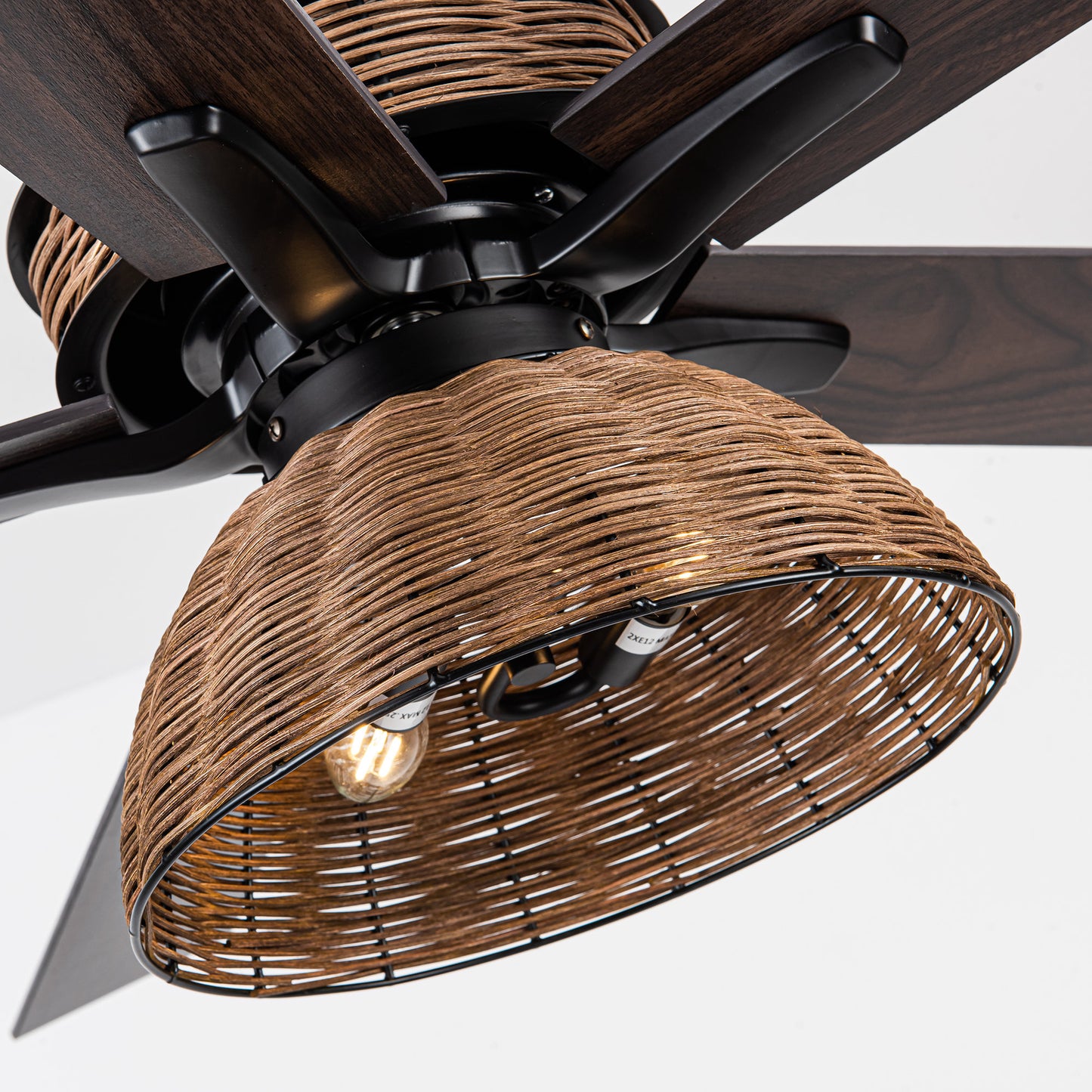 BreezeLite 52" Farmhouse Matte Black Rattan Ceiling Fan
