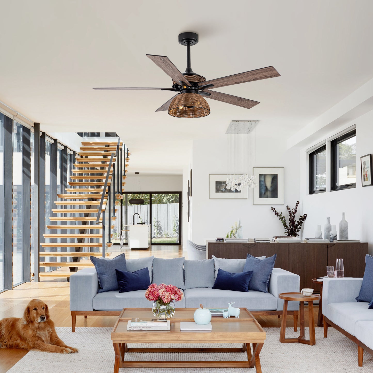 BreezeLite 52" Farmhouse Matte Black Rattan Ceiling Fan