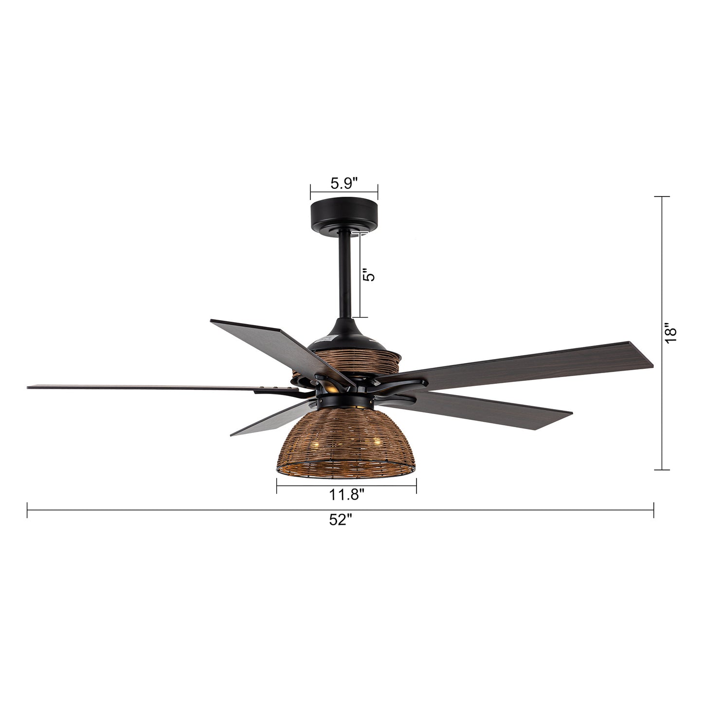 BreezeLite 52" Farmhouse Matte Black Rattan Ceiling Fan