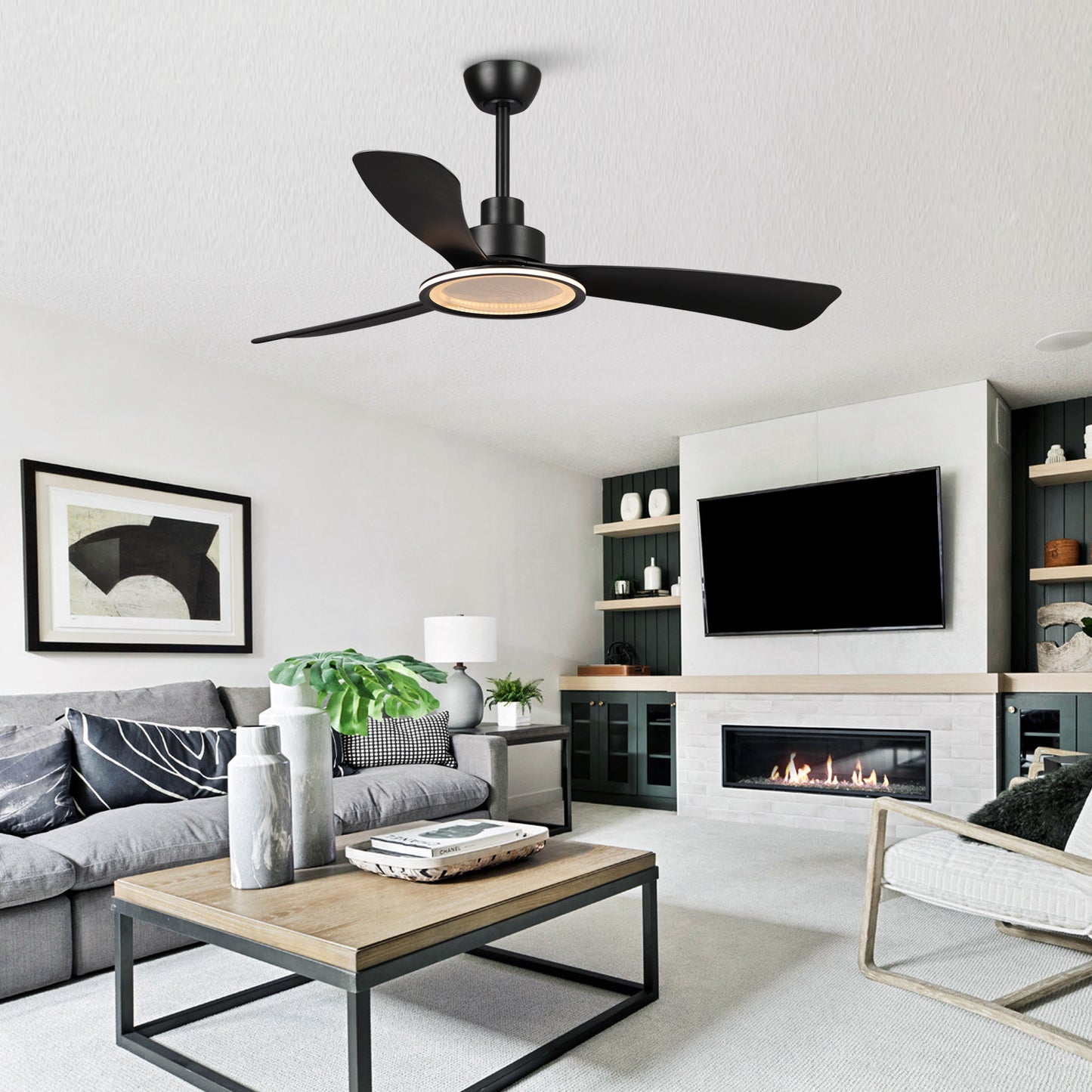 BreezeLite 52" Modern Matte Black LED 3-Blade Ceiling Fan