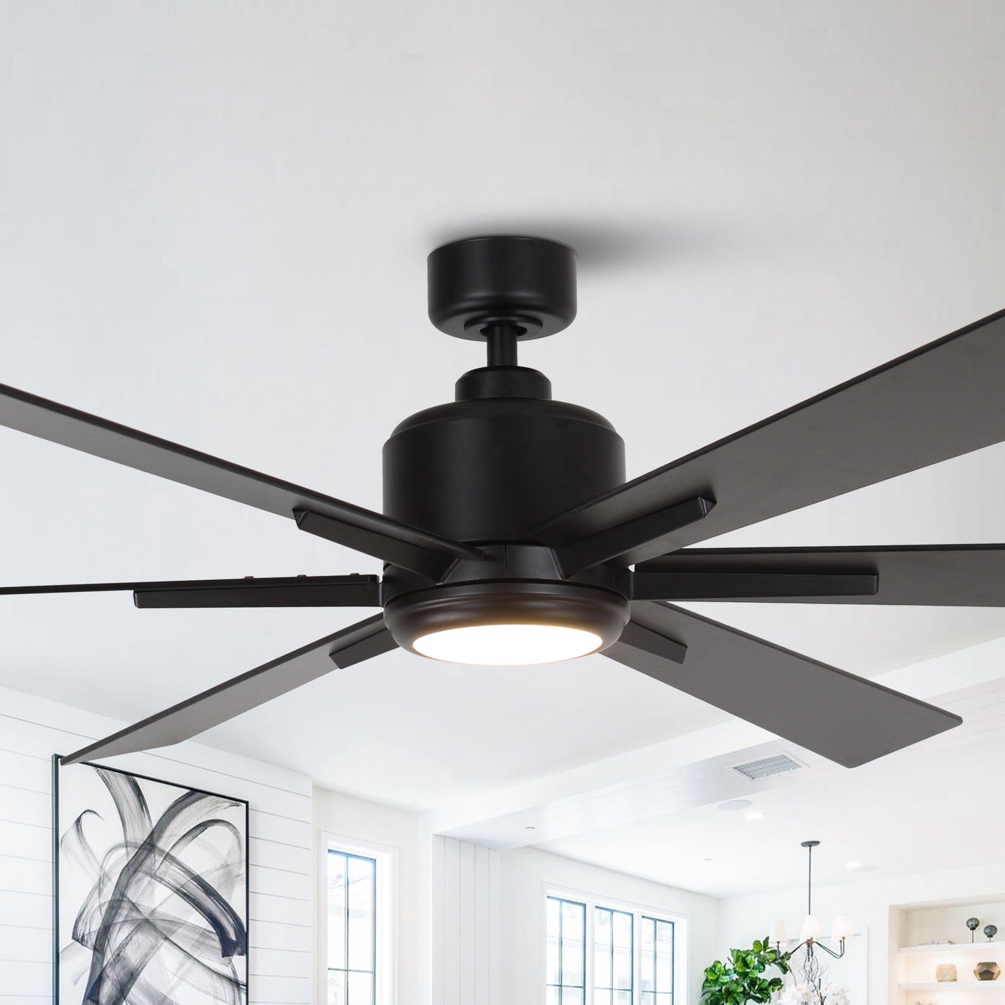 BreezeLite Modern 65" Matte Black LED Downrod Ceiling Fan
