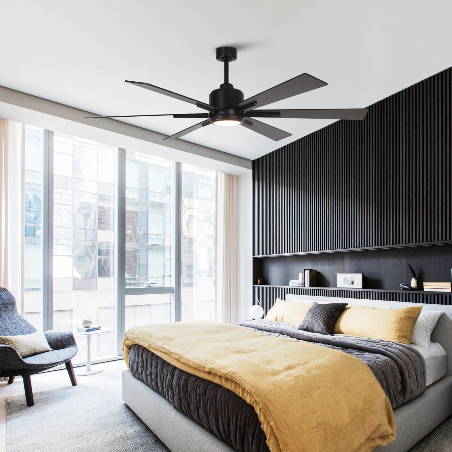 BreezeLite Modern 65" Matte Black LED Downrod Ceiling Fan