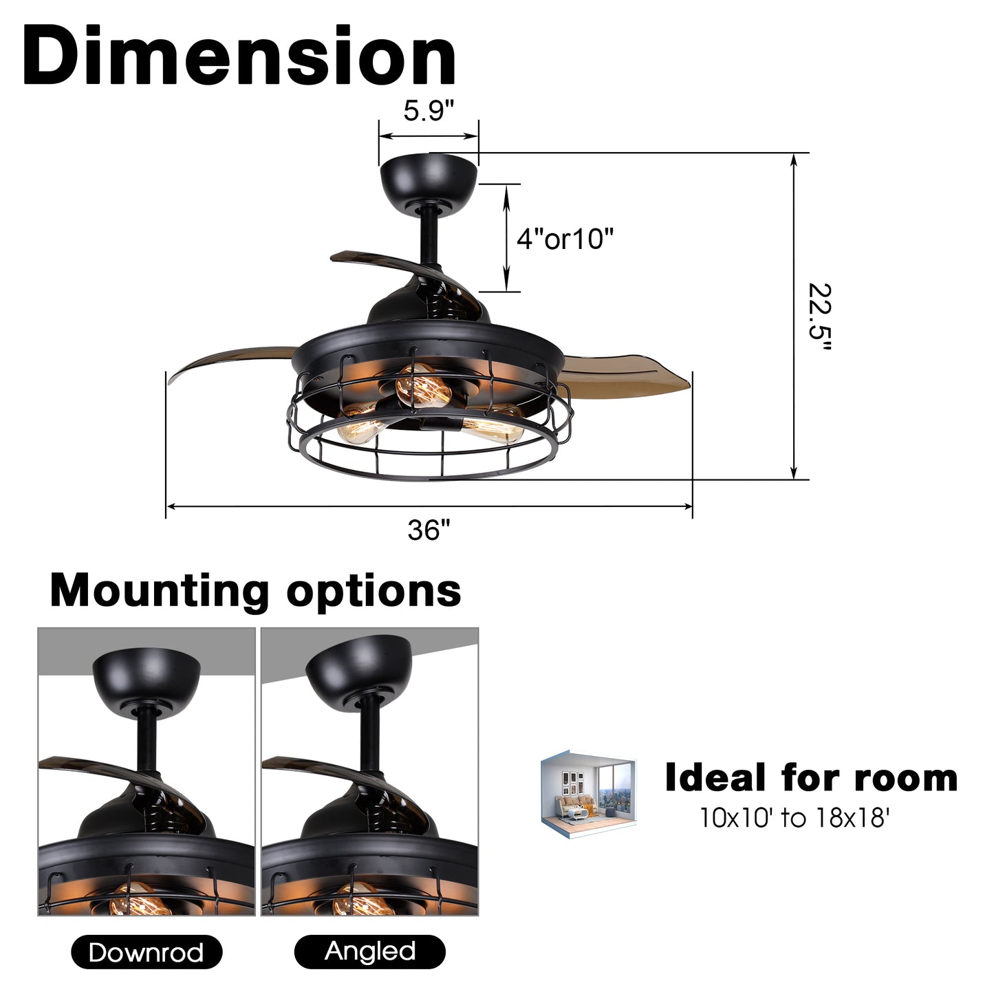 Luxe Twirl Industrial 36" Retractable ABS Blades Fandalier Ceiling Fan