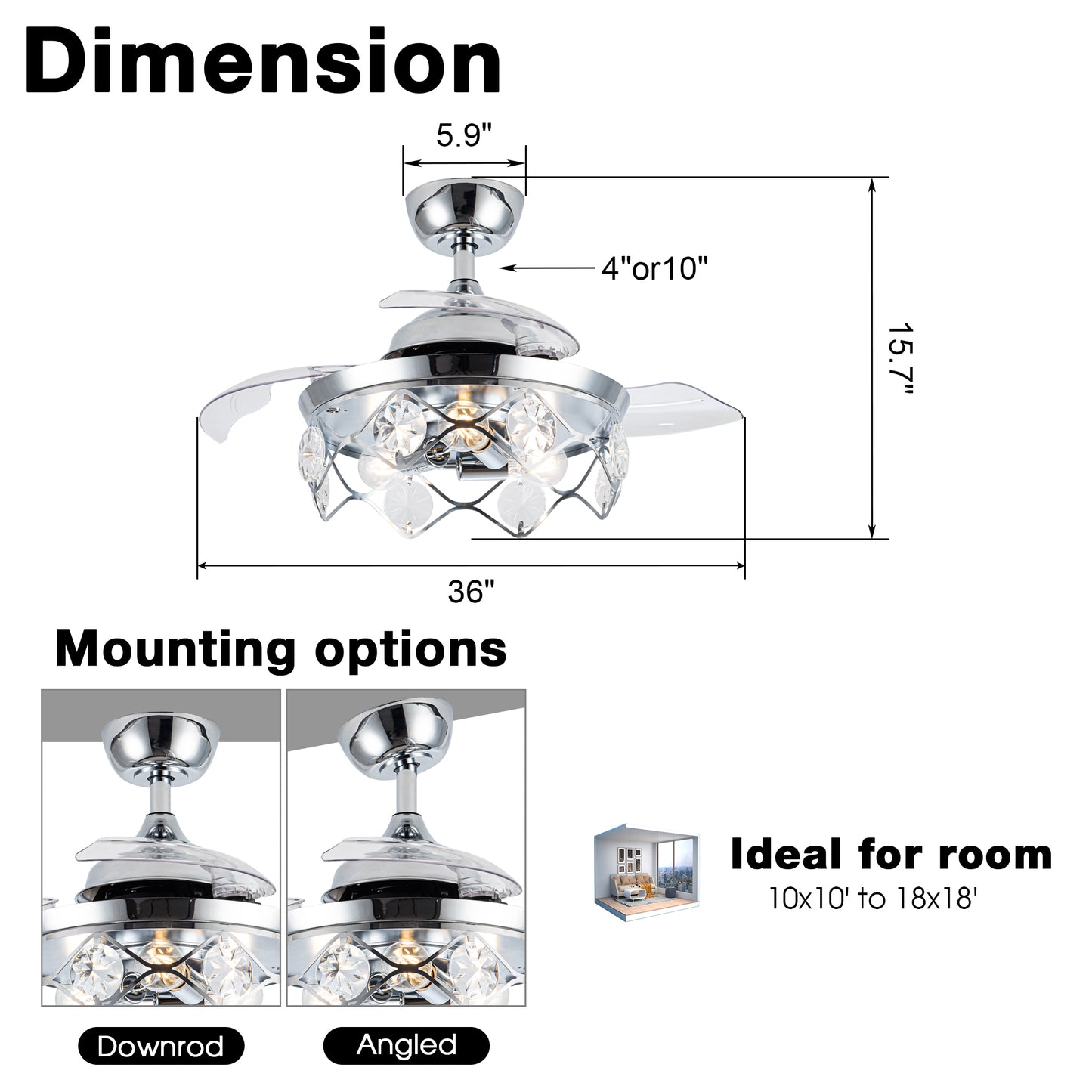 Luxe Twirl 36" Modern 3-Blades Chrome Retractable Fandalier Ceiling Fan