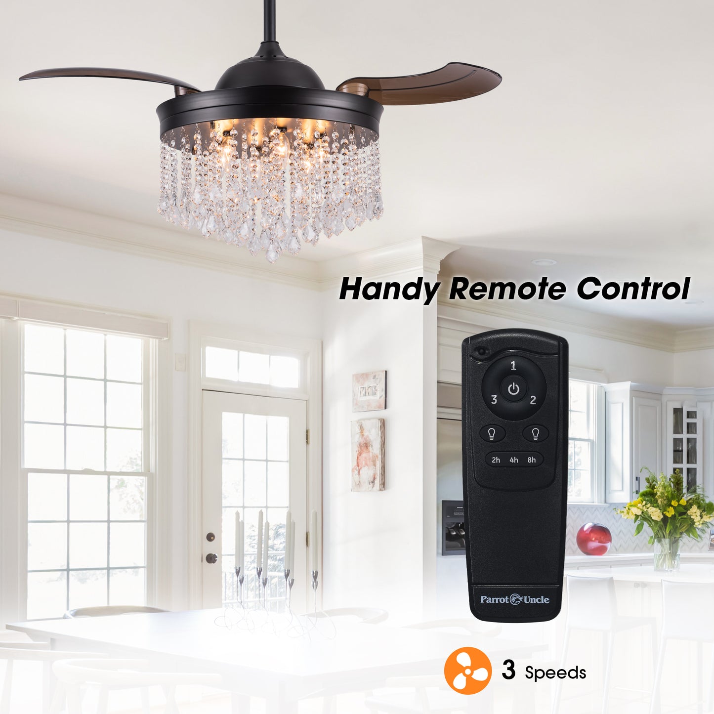 Luxe Twirl 42" Modern Black Retractable 3-Blade Crystal Fandalier Ceiling Fan