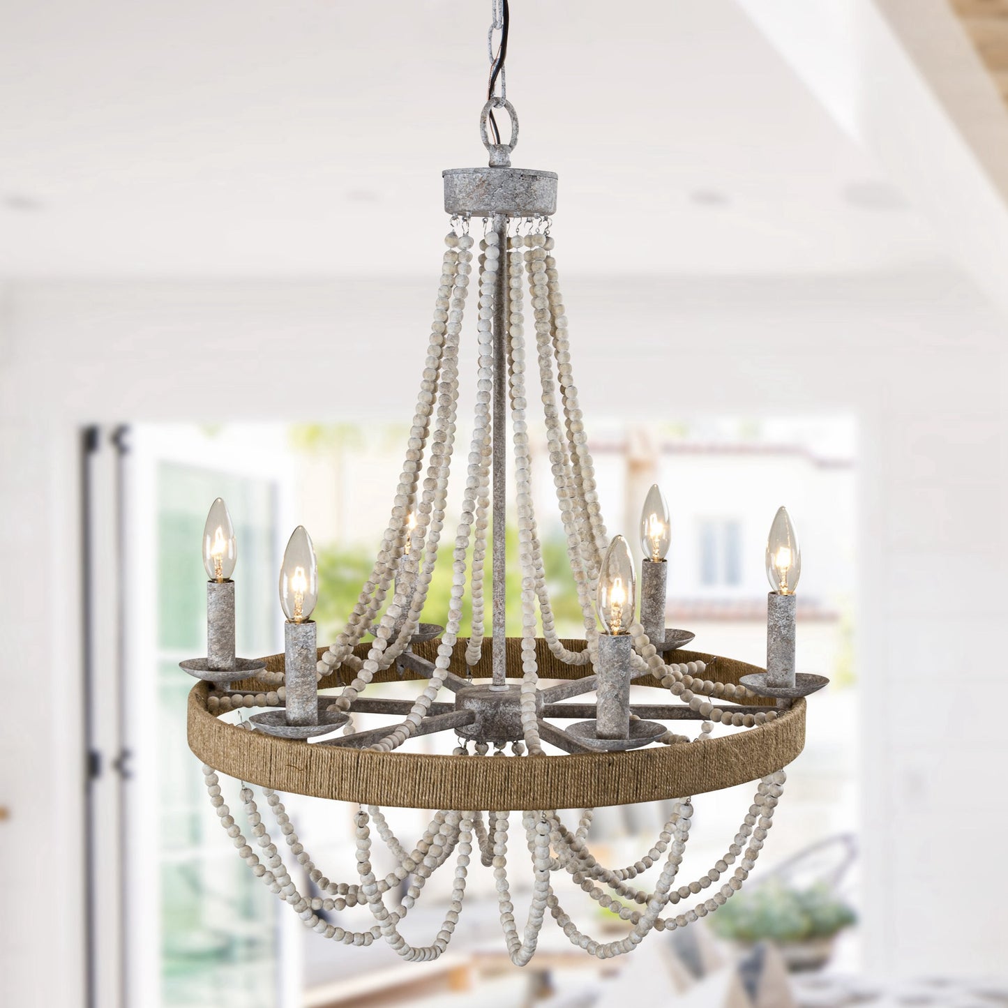 Lusteria 24" Farmhouse Wood Beaded 6-Light Candle Style Chandelier