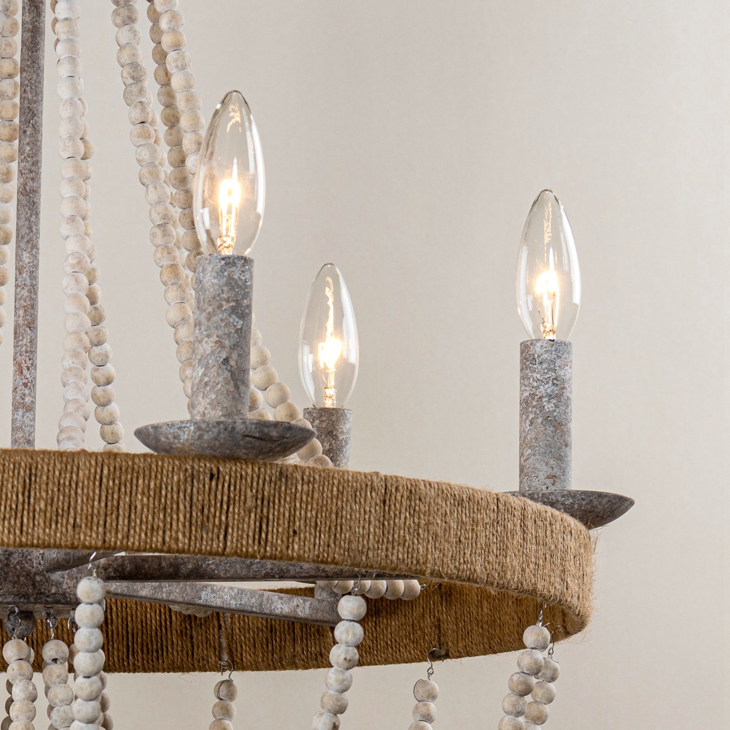 Lusteria 24" Farmhouse Wood Beaded 6-Light Candle Style Chandelier