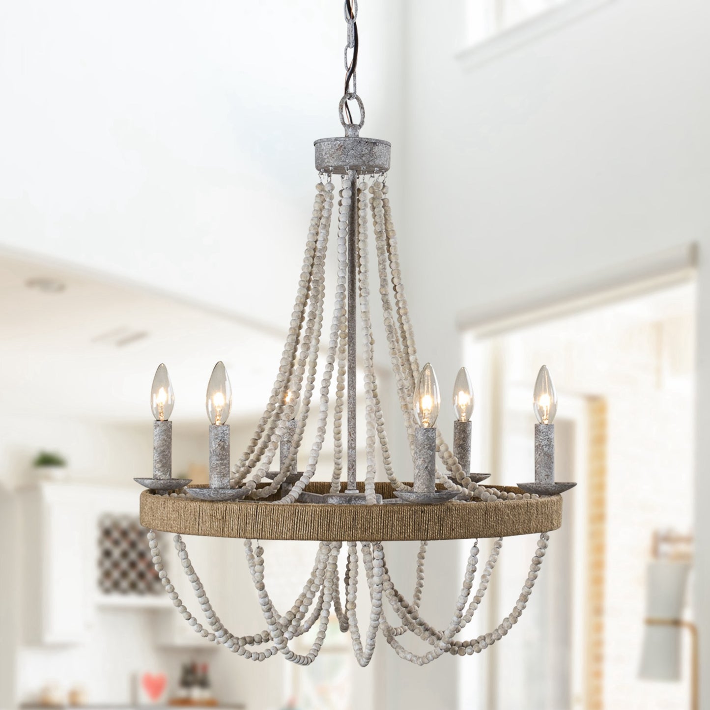 Lusteria 24" Farmhouse Wood Beaded 6-Light Candle Style Chandelier